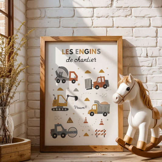 Lot 3 Affiches Chambre Garçon Engins Chantier Tractopelle Grue – Galerie Murale Prénom Cadeau Naissance Anniversaire