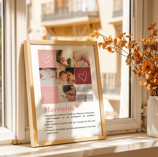 Affiche Définition Marraine Personnalisée – Mosaïque de 1, 6 ou 9 Photos