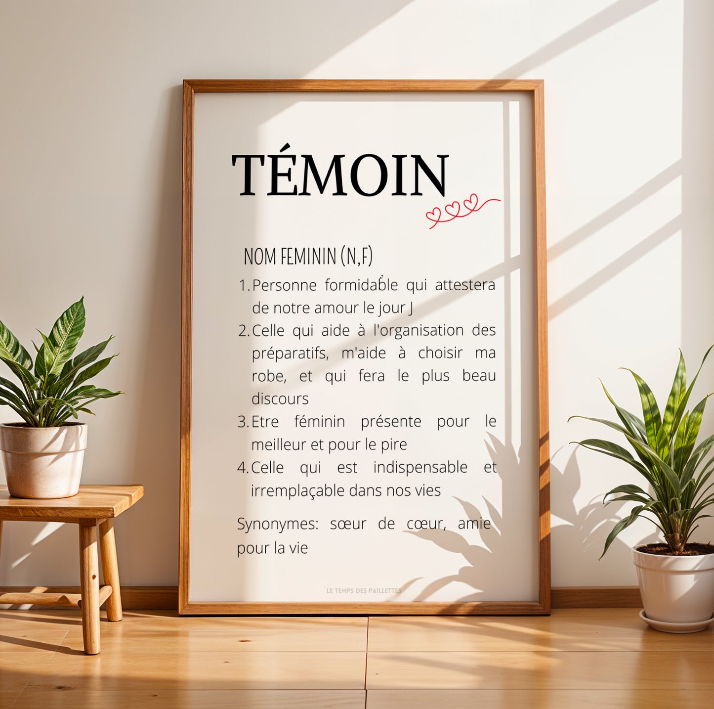 affiche définition témoin, cadeau témoin personnalisé mariage, affiche humoristique témoin de mariage, idée cadeau témoin original, affiche souvenir mariage personnalisée, création Le Temps des Paillettes, cadeau mariage émotionnel, affiche décorative témoin mariage