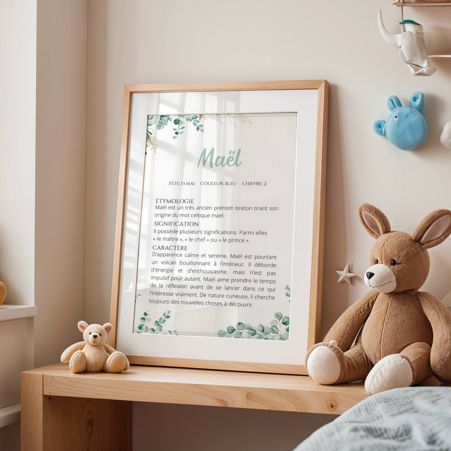 poster prénom bébé étymologie définition bordure eucalyptus décoration chambre enfant