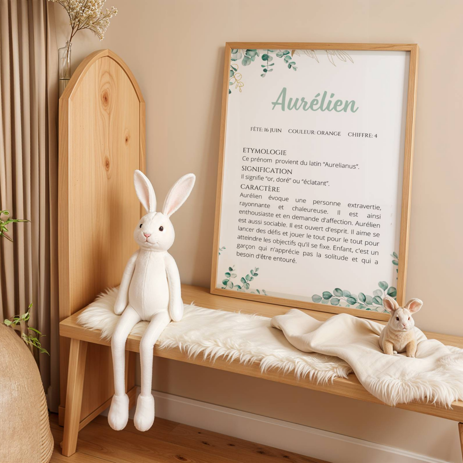 affiche naissance personnalisée prénom étymologie caractère eucalyptus vert naturel