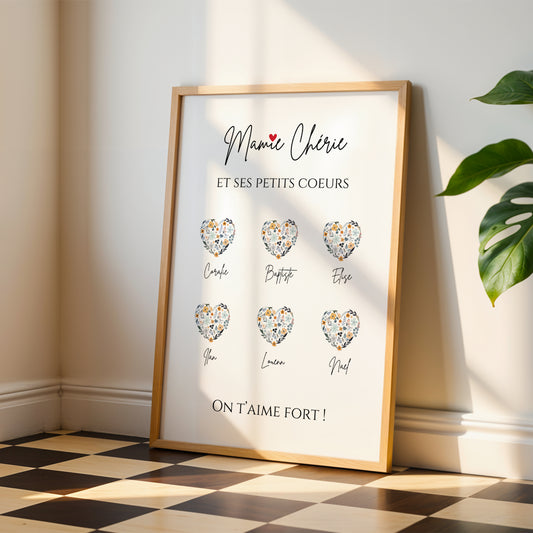 Affiche Mamie Personnalisée with six heart shapes and grandchildren’s names, minimalist style for Fête des Grands-Mères.