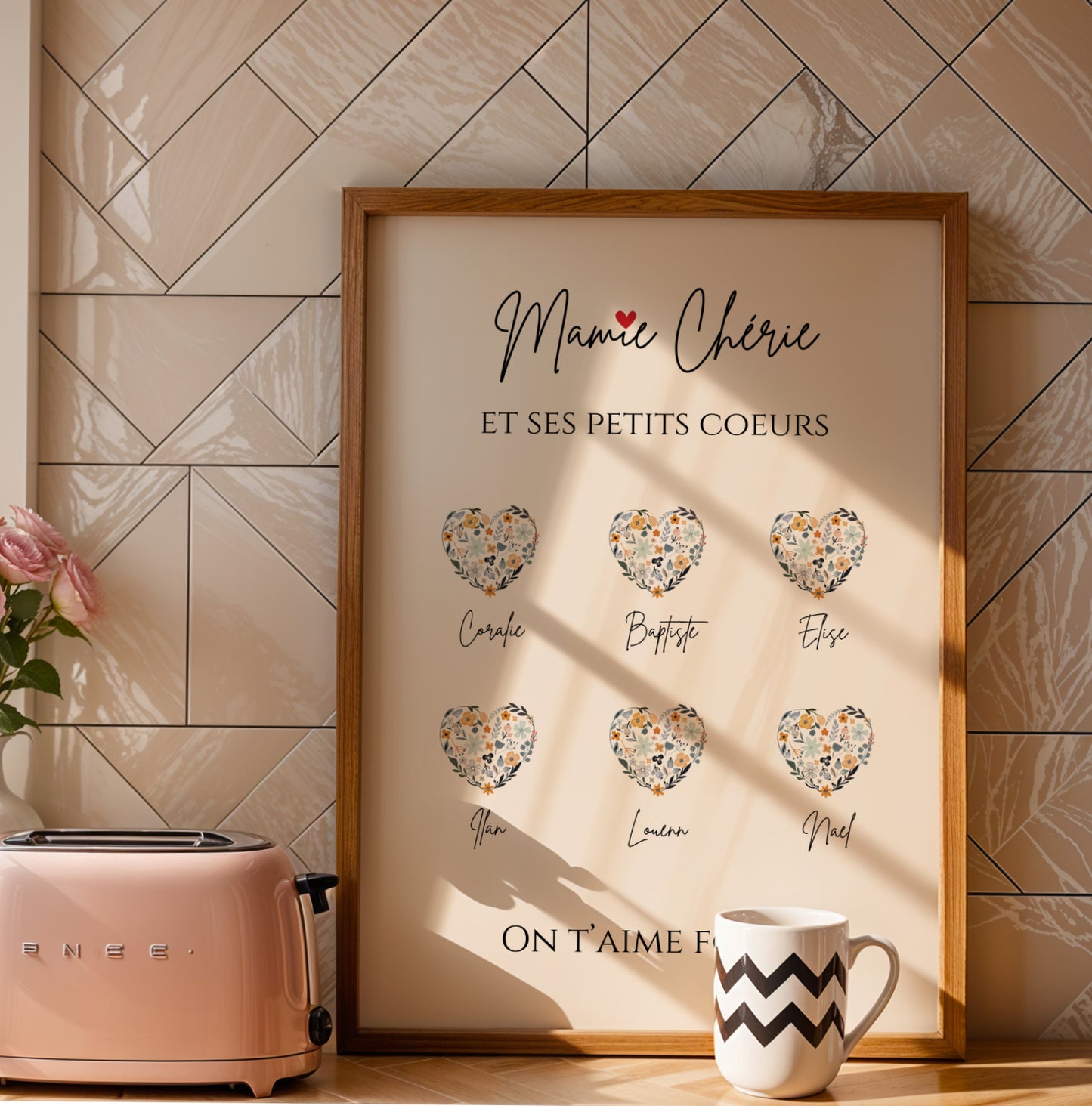 Affiche Mamie Personnalisée with six heart shapes and grandchildren's names, minimalist design for Fête des Grands-Mères.