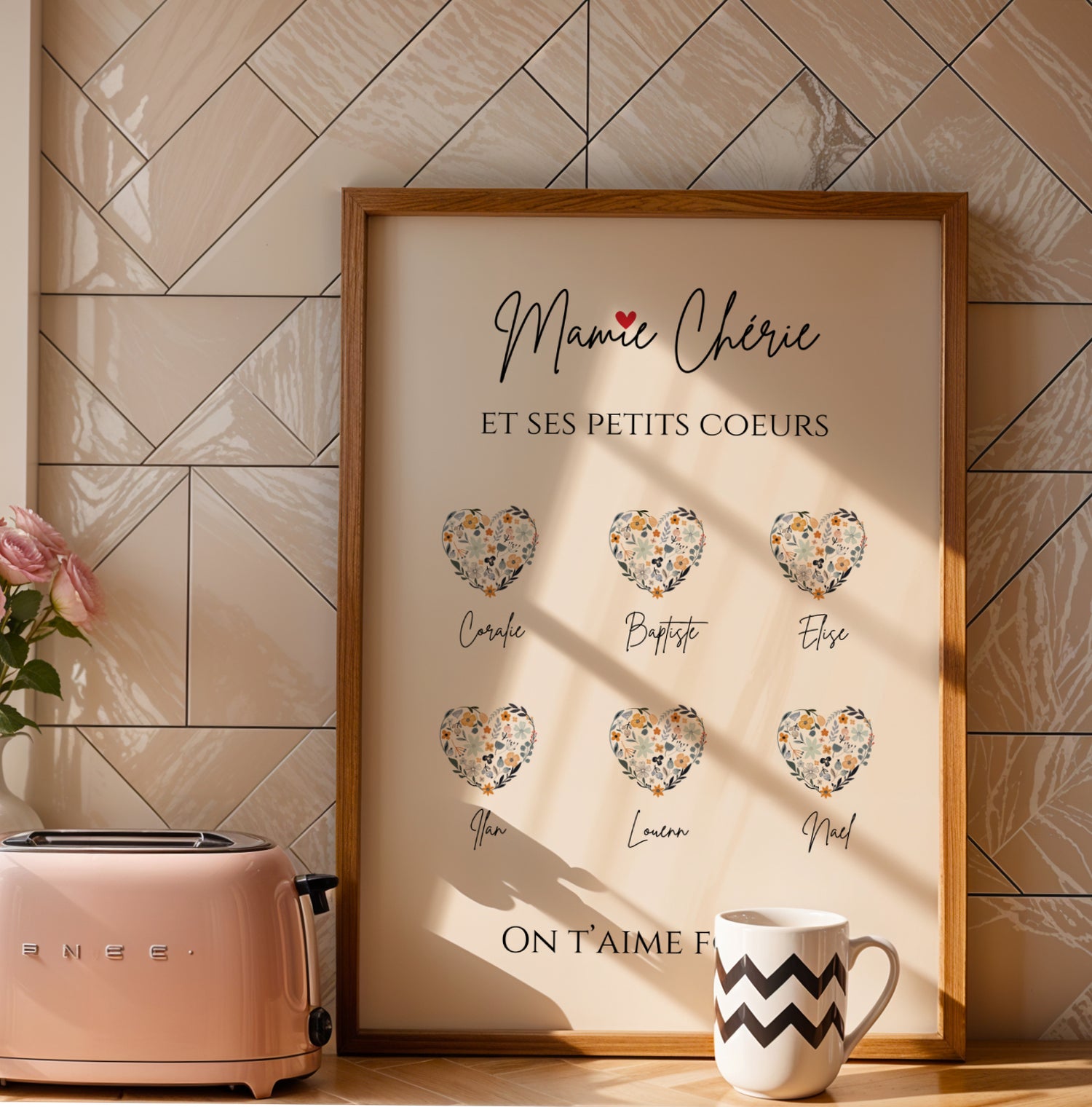 Affiche Mamie Personnalisée with six heart shapes and grandchildren's names, minimalist design for Fête des Grands-Mères.