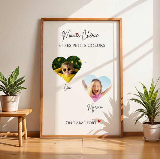 Affiche Mamie Personnalisée with photo heart cutouts, names, and loving message for Fête des Grands-Mères.