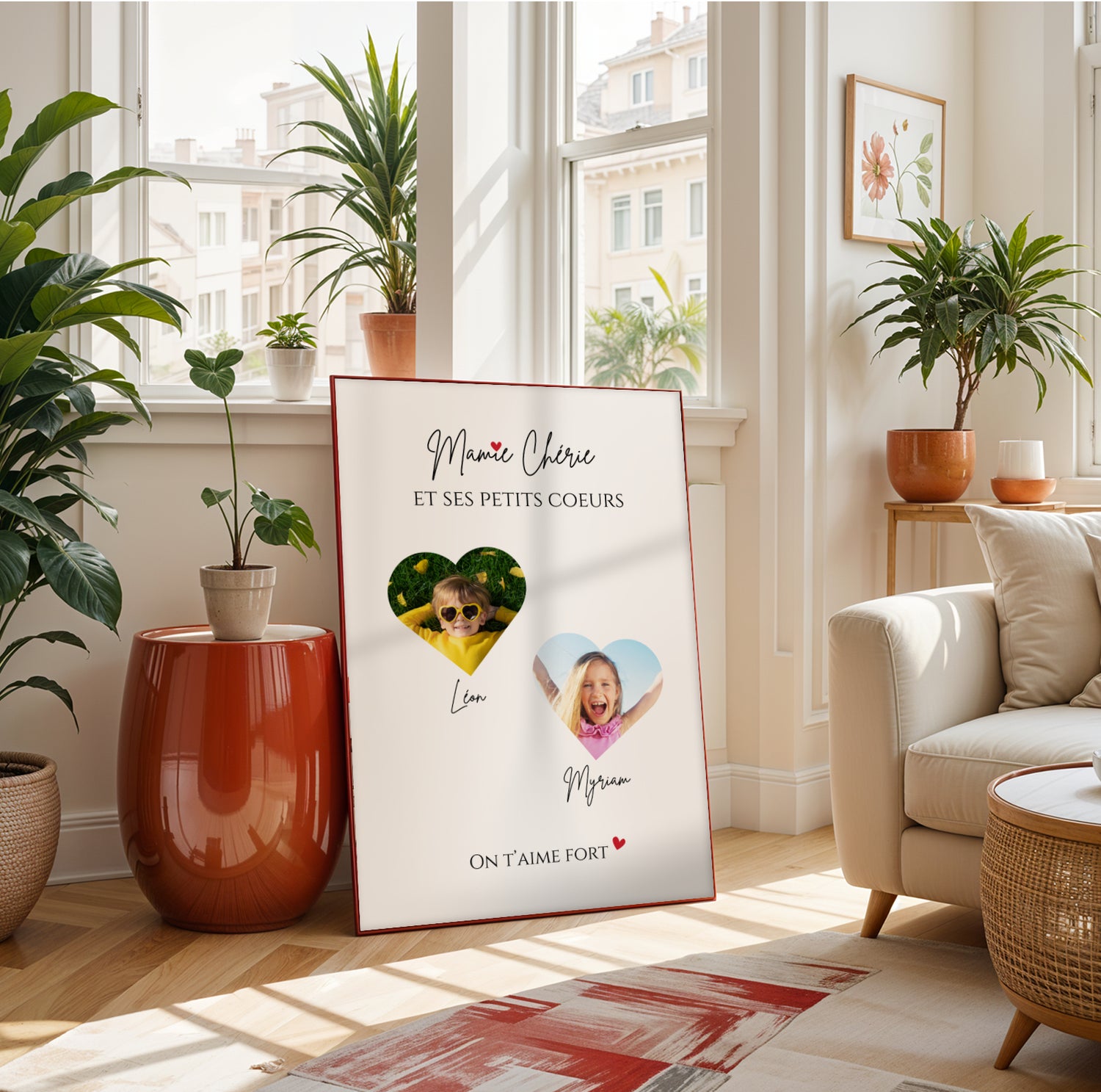 Affiche Mamie Personnalisée with two heart-shaped photo frames and custom names in elegant script for Fête des Grands-Mères.