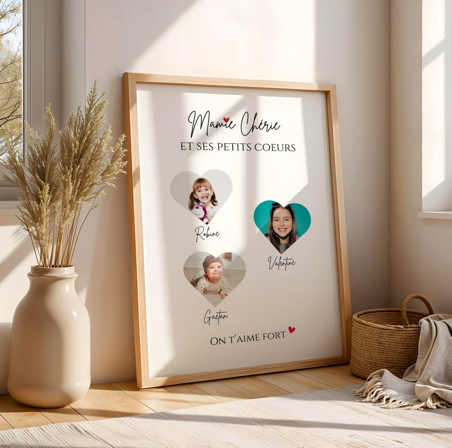 Affiche Mamie Personnalisée with three heart-shaped photo frames and grandchildren's names, Fête des Grands-Mères poster in.