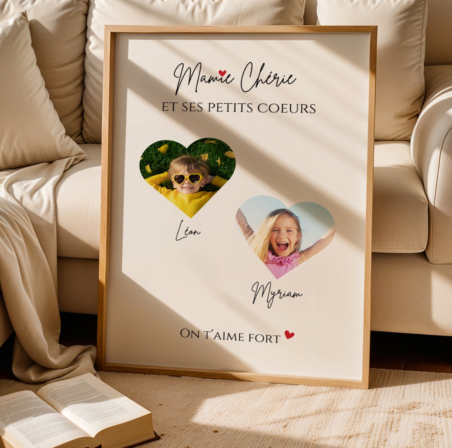 Affiche Mamie Personnalisée with two heart-shaped photo cutouts, beige background, and French text for Fête des Grands-Mères.