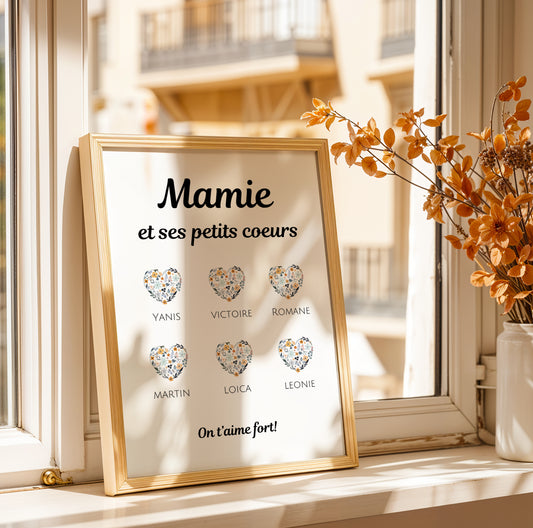 Affiche Mamie personnalisée with floral hearts and family names, Fête des Grands-Mères gift poster.