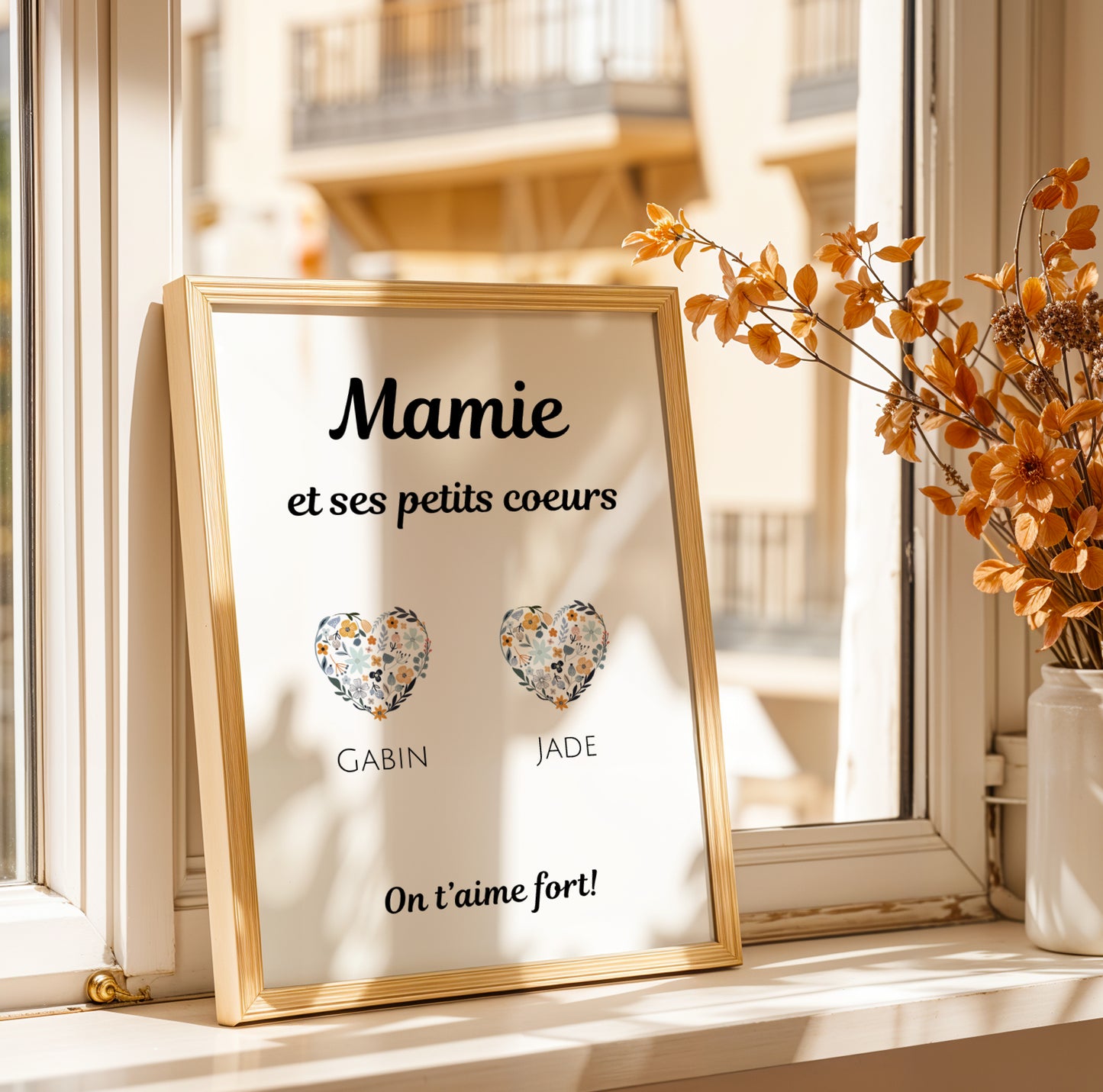Affiche Mamie Personnalisée with floral hearts and family names, perfect for Fête des Grands-Mères gift.
