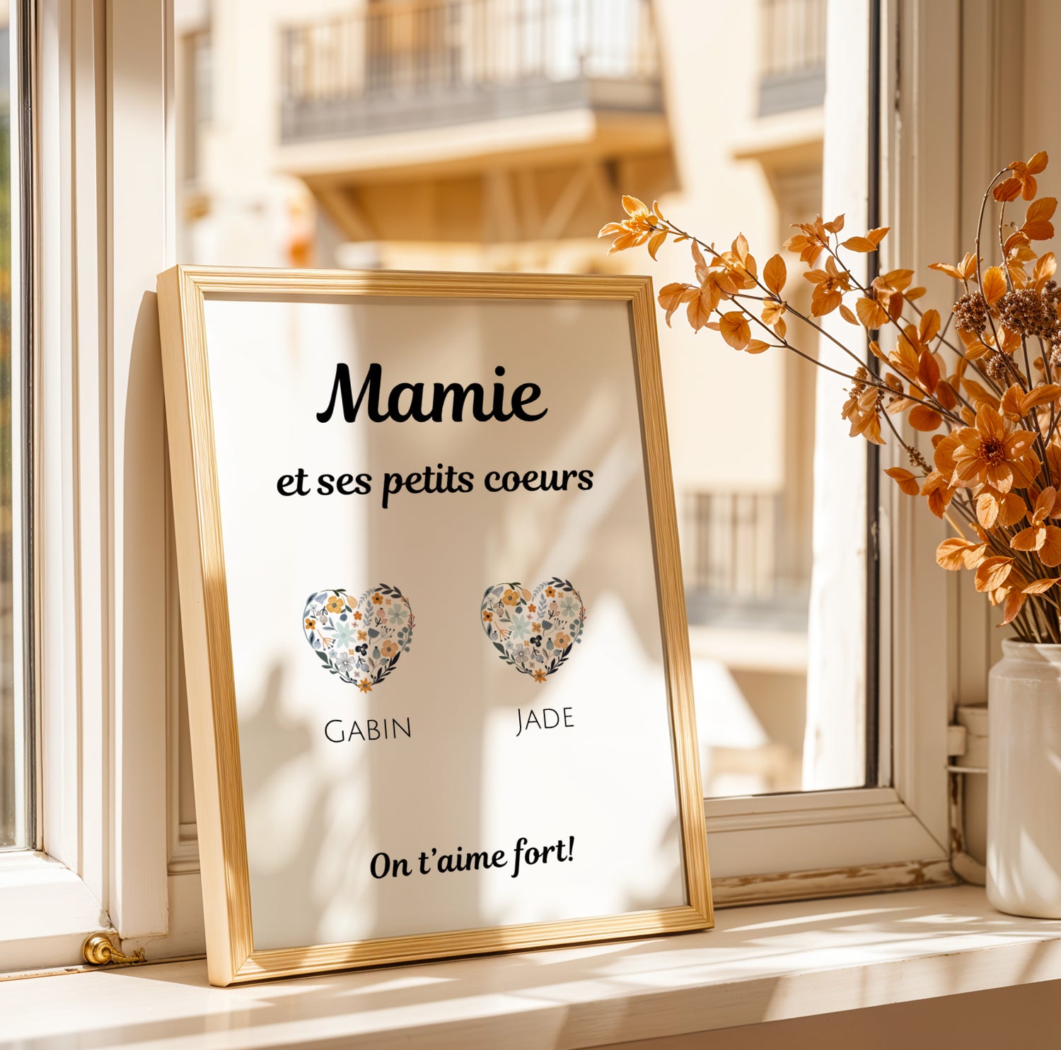 Affiche Mamie Personnalisée with floral hearts and family names, perfect for Fête des Grands-Mères gift.