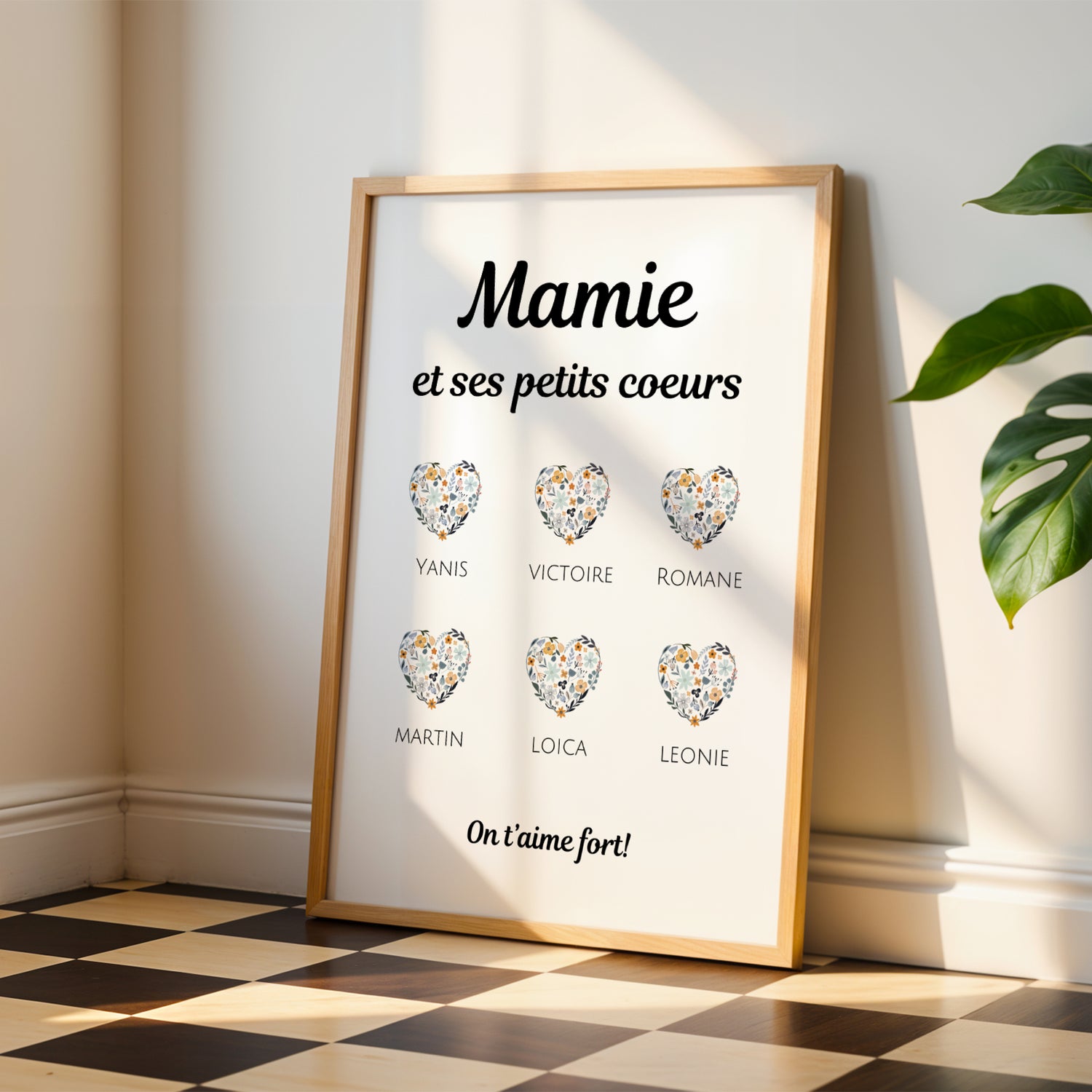 Affiche Mamie Personnalisée with six floral heart designs and grandchildren names, Fête des Grands-Mères gift poster.
