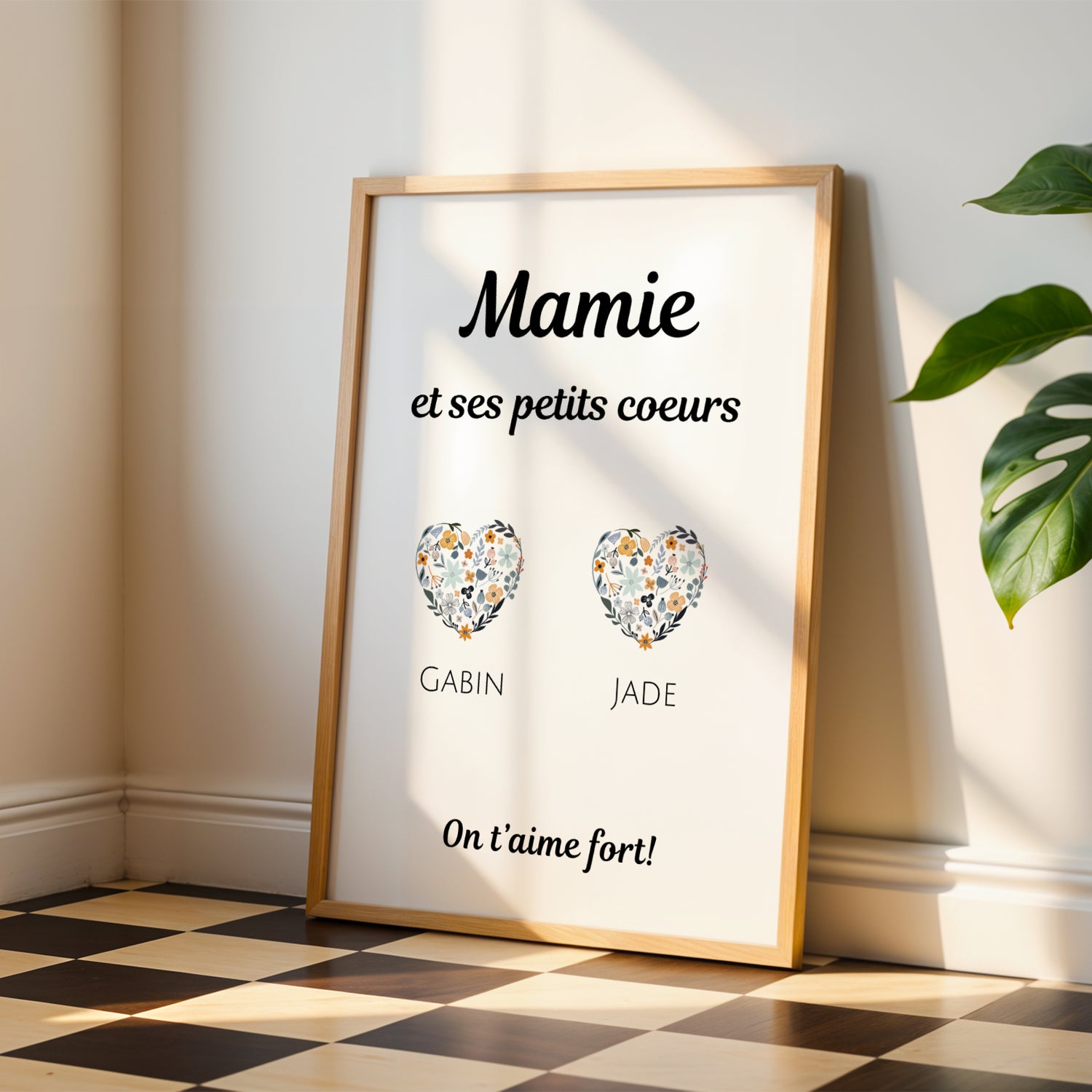 Affiche Mamie Personnalisée with floral hearts and grandchildren names for Fête des Grands-Mères.