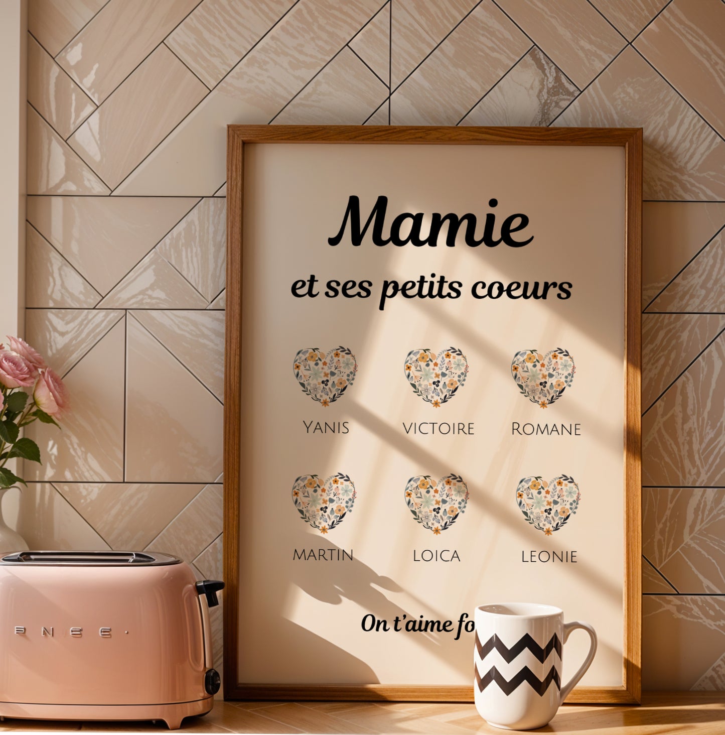Affiche Mamie Personnalisée with floral heart designs and family names, warm neutral tones for Fête des Grands-Mères.