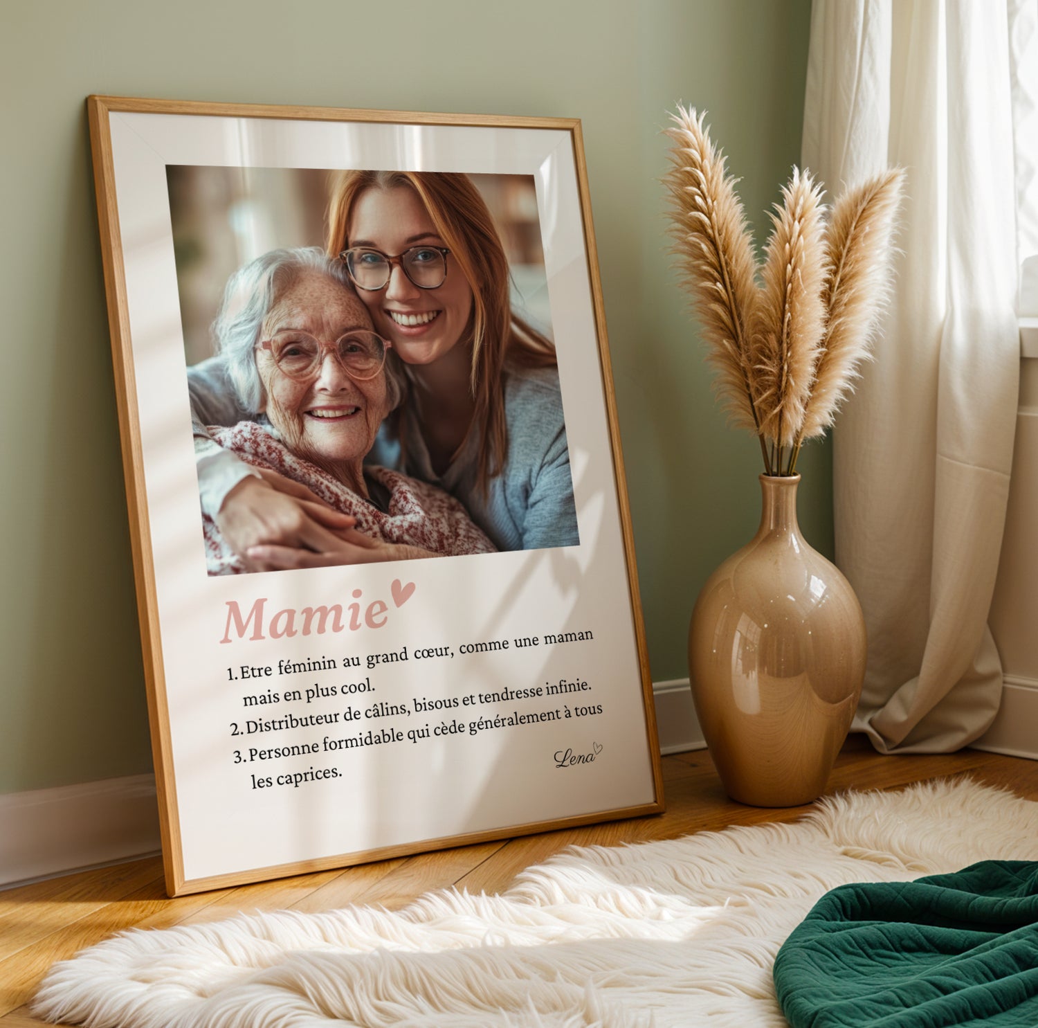 Affiche Mamie Personnalisée with warm photo of grandmother and granddaughter, elegant script text for Fête des Grands-Mères.