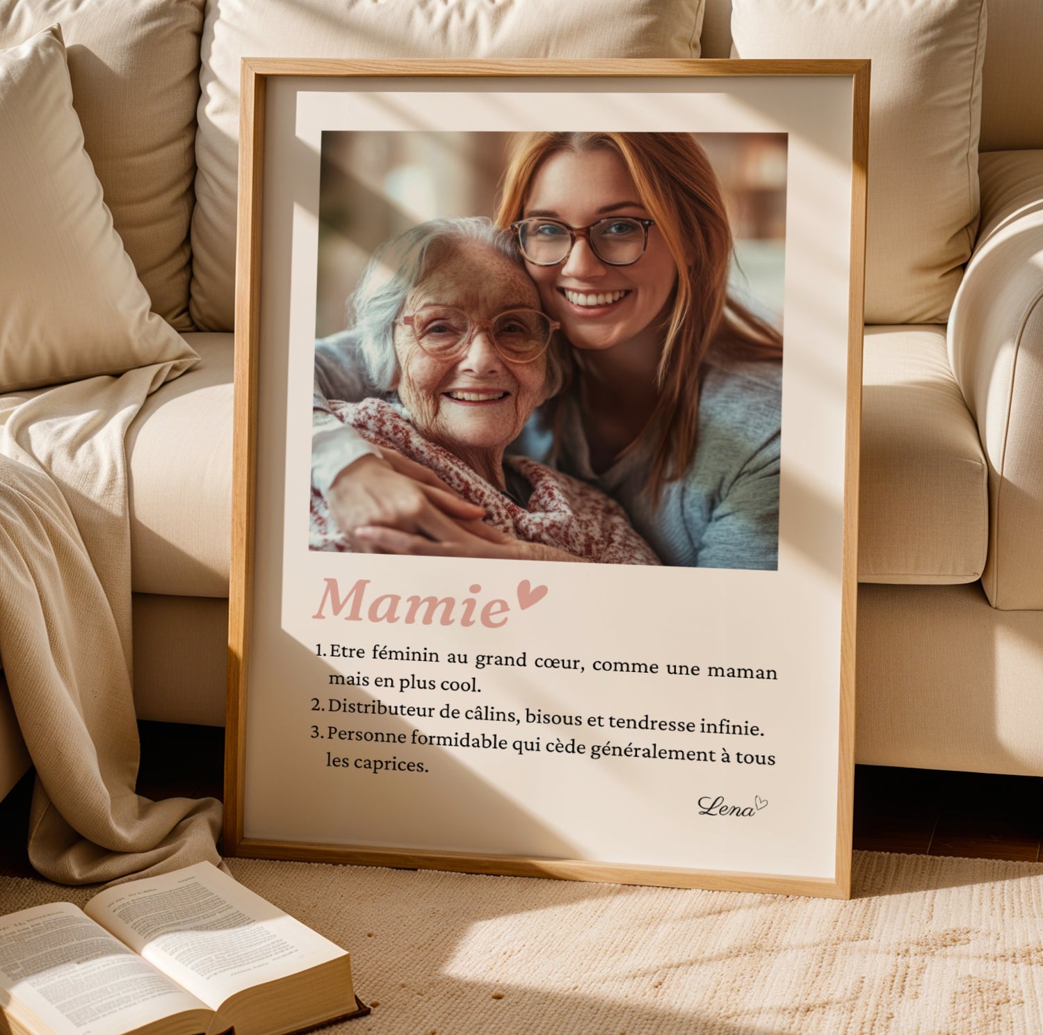 Affiche Mamie Personnalisée with warm photo of grandmother and granddaughter, framed A4 poster for Fête des Grands-Mères.