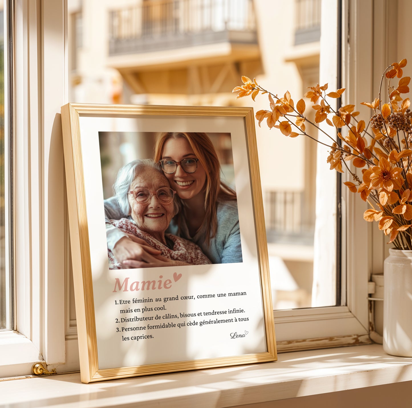 Affiche Mamie Personnalisée with photo, heartfelt message in elegant script, perfect for Fête des Grands-Mères gift.