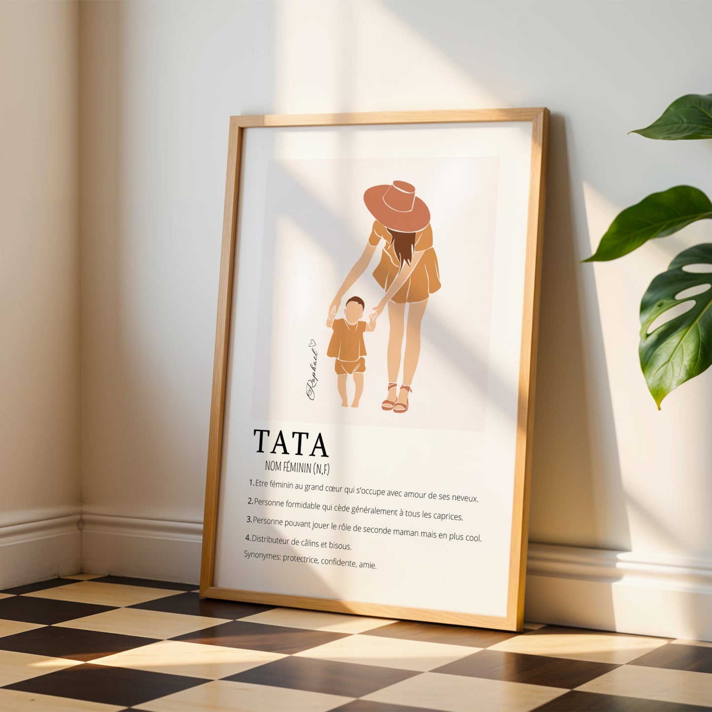 Affiche Définition Tata personnalisée – Prénom enfant et silhouette boho | Cadeau naissance, anniversaire, annonce de grossesse
