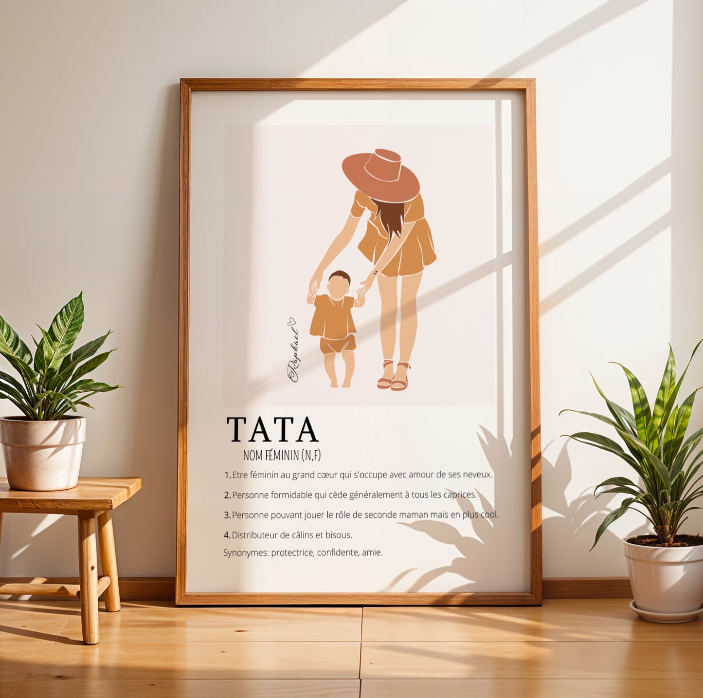 Affiche Définition Tata personnalisée – Prénom enfant et silhouette boho | Cadeau naissance, anniversaire, annonce de grossesse