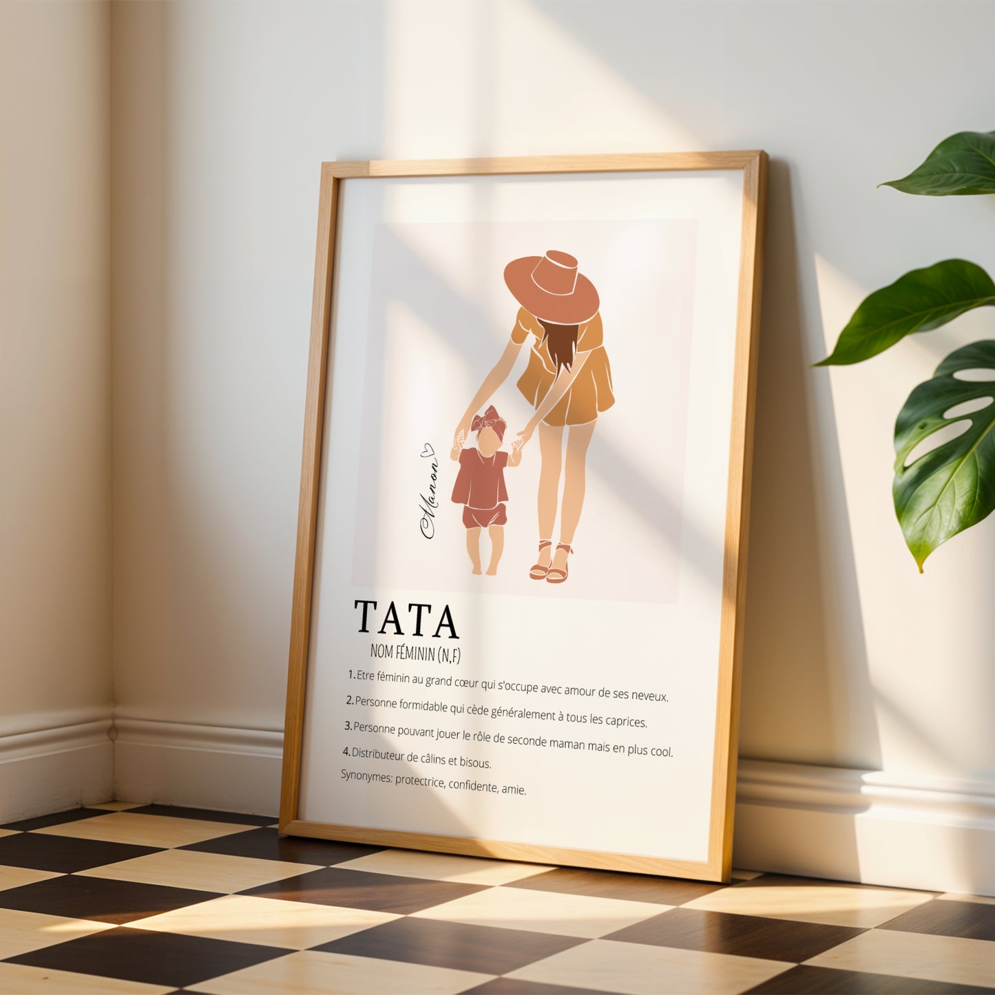 Affiche Définition Tata personnalisée – Prénom enfant et silhouette boho | Cadeau naissance, anniversaire, annonce de grossesse