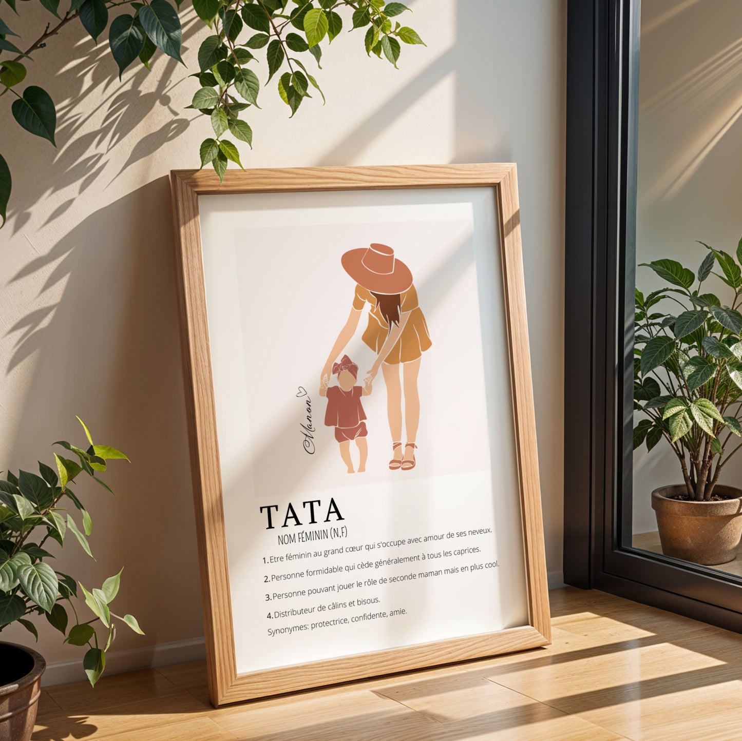 Affiche Définition Tata personnalisée – Prénom enfant et silhouette boho | Cadeau naissance, anniversaire, annonce de grossesse