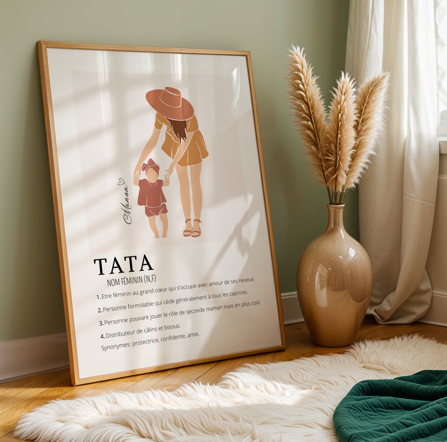 Affiche Définition Tata personnalisée – Prénom enfant et silhouette boho | Cadeau naissance, anniversaire, annonce de grossesse