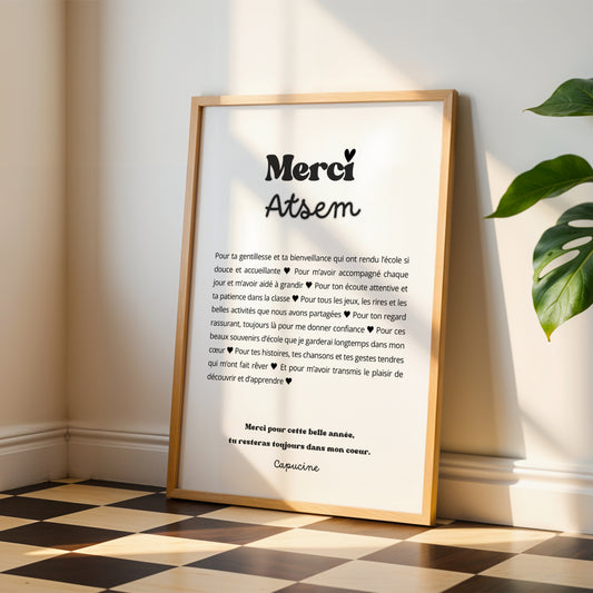 Affiche Merci ATSEM Personnalisée – Cadeau ATSEM Fin d'Année Scolaire Noël Remerciement