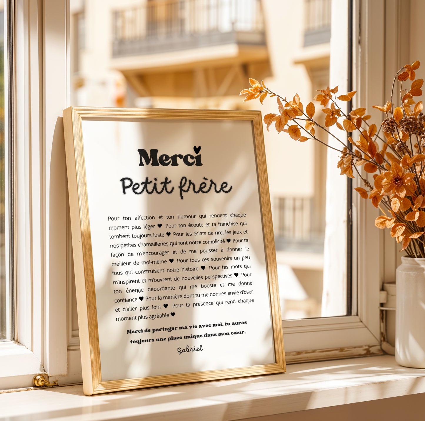 Affiche Merci Frère personnalisée avec prénom et message. Cadeau original pour grand frère ou petit frère, parfait pour Noël, anniversaire ou remerciement.