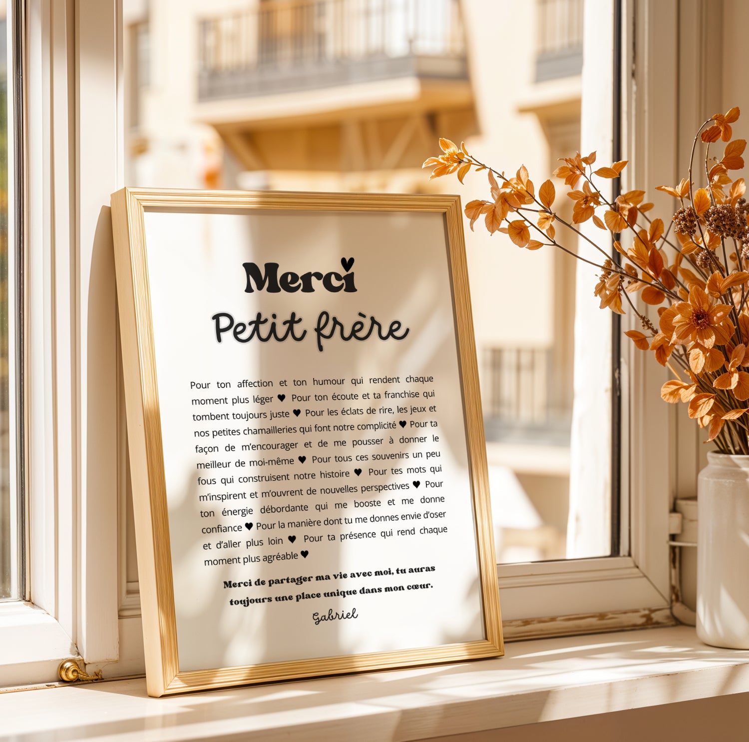 Affiche Merci Frère personnalisée avec prénom et message. Cadeau original pour grand frère ou petit frère, parfait pour Noël, anniversaire ou remerciement.