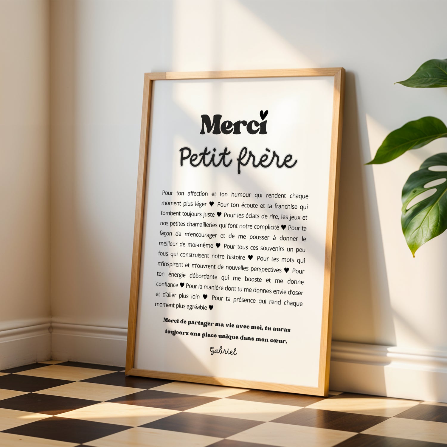 Affiche Merci Frère personnalisée avec prénom et message. Cadeau original pour grand frère ou petit frère, parfait pour Noël, anniversaire ou remerciement.