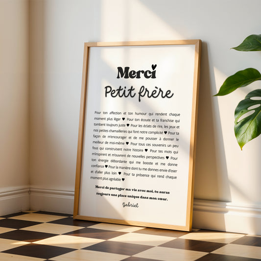 Affiche Merci Frère personnalisée avec prénom et message. Cadeau original pour grand frère ou petit frère, parfait pour Noël, anniversaire ou remerciement.