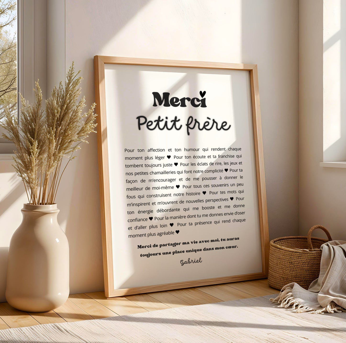 Affiche Merci Frère personnalisée avec prénom et message. Cadeau original pour grand frère ou petit frère, parfait pour Noël, anniversaire ou remerciement.