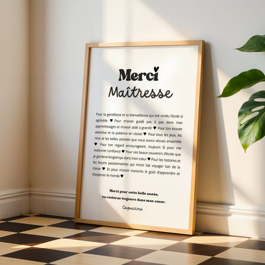 Affiche Merci Maîtresse Personnalisée – Cadeau Fin d'Année Scolaire Noël Fête Maîtresses