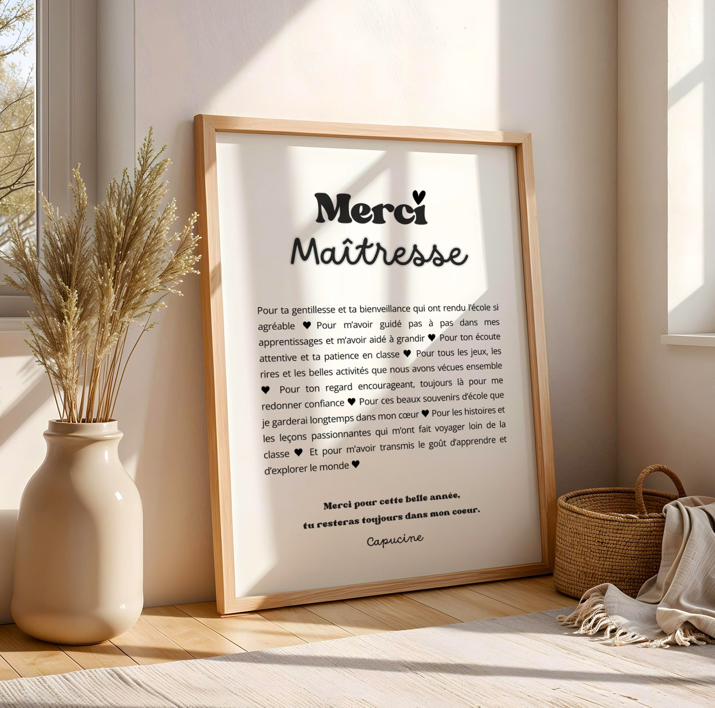 Affiche personnalisée Merci Maîtresse – Cadeau noel maitresse, cadeaude fin d’année scolaire, fête des maîtresses ou remerciement