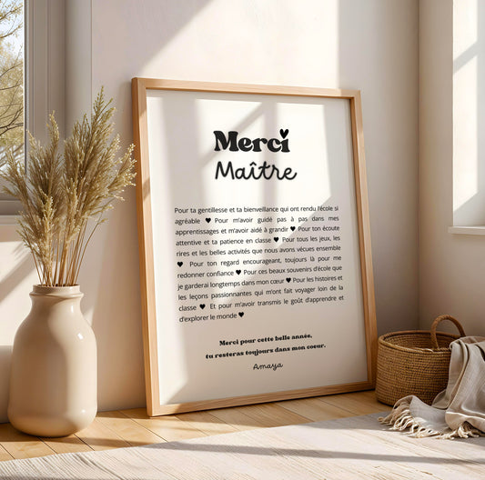 Affiche Merci Maître Personnalisée – Cadeau Fin d'Année Scolaire Noël Fête des Maîtres