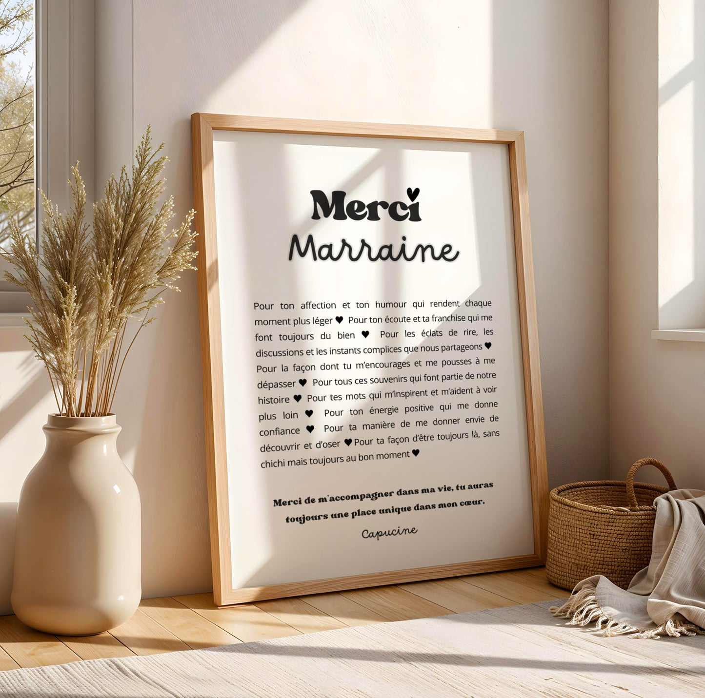 Affiche Personnalisée “Merci Marraine” – Cadeau Baptême, Anniversaire ou Surprise – Poster et Carte Personnalisée