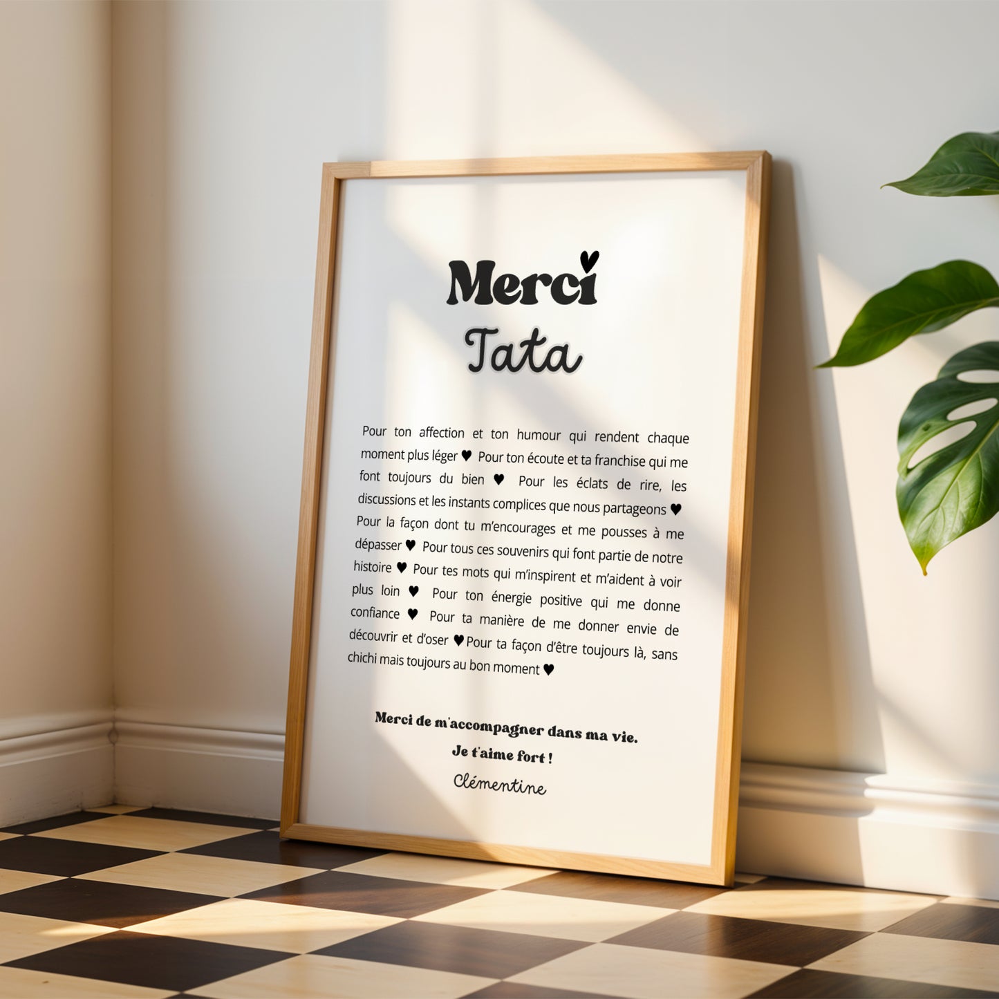Affiche personnalisée “Merci Tata” – Cadeau Noël, anniversaire ou simple remerciement – Poster et carte personnalisée