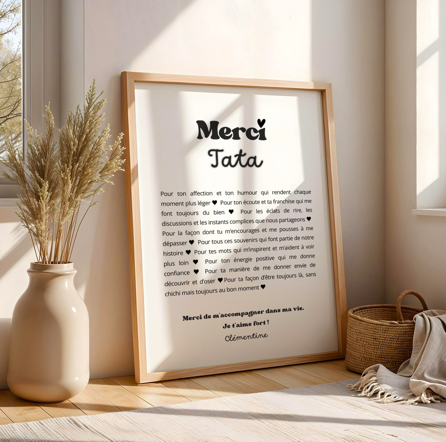 Affiche personnalisée “Merci Tata” – Cadeau Noël, anniversaire ou simple remerciement – Poster et carte personnalisée