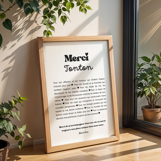 Affiche personnalisée “Merci Tonton” – Cadeau Noël, Anniversaire ou Surprise – Poster et carte personnalisée