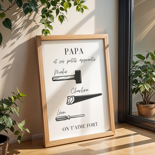 Affiche Papa Personnalisée avec Outils et Prénoms – Cadeau Unique Fête des Pères 2026