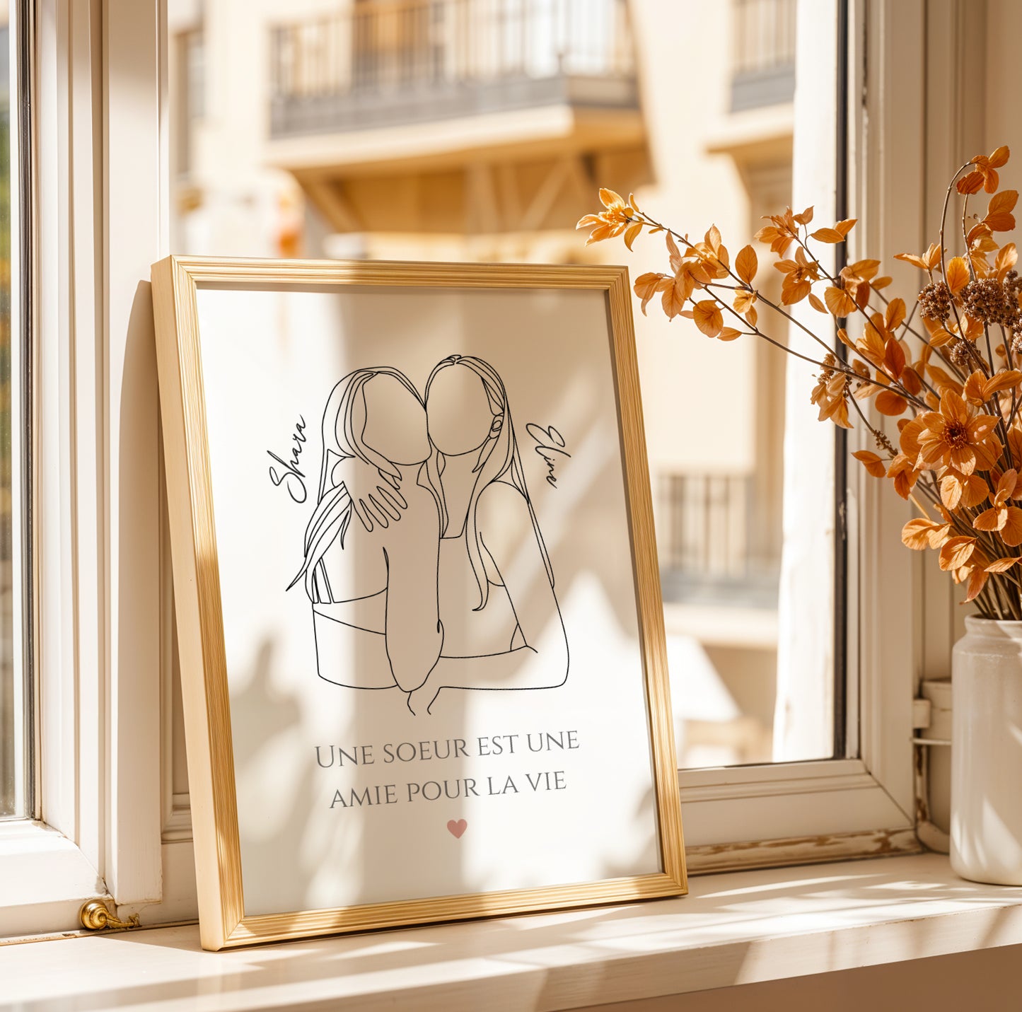 Affiche line art sœurs personnalisée avec deux silhouettes et prénoms, cadeau fratrie original pour anniversaire ou Noël.