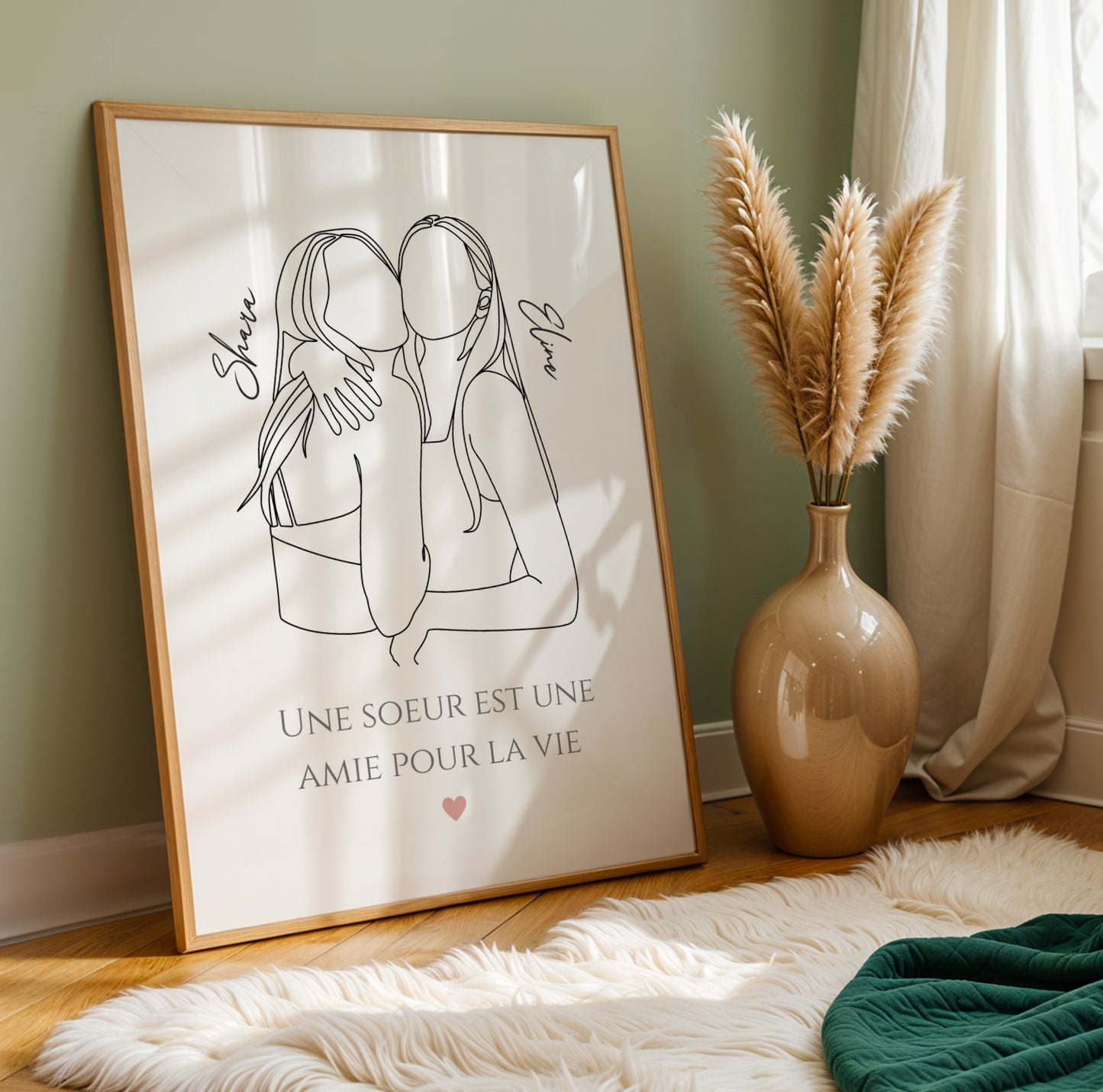 Affiche line art sœurs personnalisée avec deux silhouettes et prénoms, cadeau fratrie original pour anniversaire ou Noël.