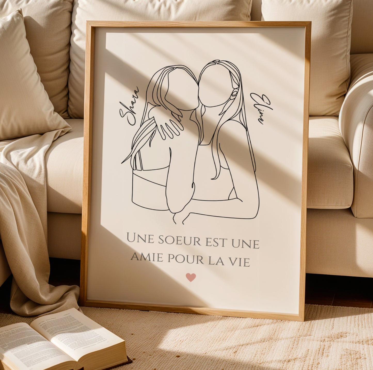 Affiche line art sœurs personnalisée avec deux silhouettes et prénoms, cadeau fratrie original pour anniversaire ou Noël.