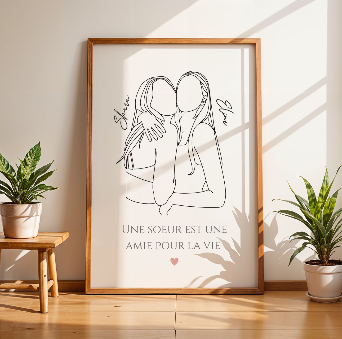 Affiche line art sœurs personnalisée avec deux silhouettes et prénoms, cadeau fratrie original pour anniversaire ou Noël.