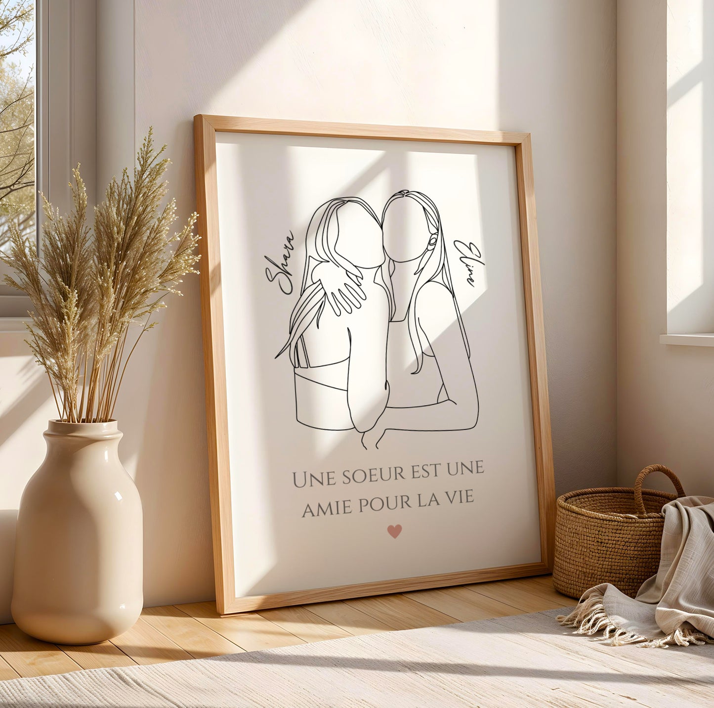 Affiche line art sœurs personnalisée avec deux silhouettes et prénoms, cadeau fratrie original pour anniversaire ou Noël.