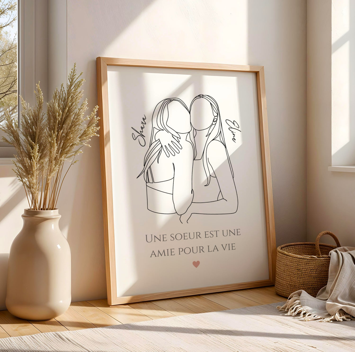 Affiche line art sœurs personnalisée avec deux silhouettes et prénoms, cadeau fratrie original pour anniversaire ou Noël.