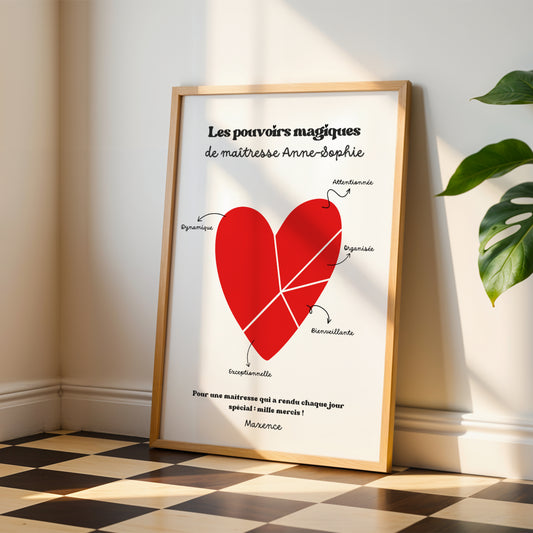 Affiche Cœur Maîtresse Personnalisée – Cadeau Maîtresse Original Fin d'Année Maternelle Primaire