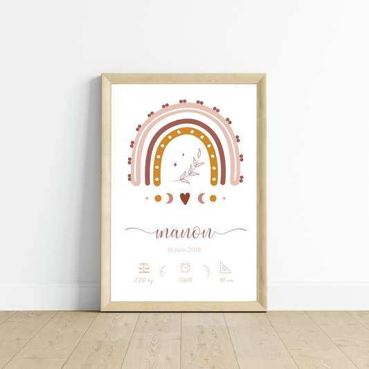 Affiche bébé arc en ciel bohème - cadeau naissance personnalisé terracotta par Le Temps des Paillettes - Le Temps des Paillettes