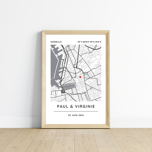 Affiche carte pour couple personnalisée avec lieu de rencontre - Affiche carte GPS par Le Temps des Paillettes - Le Temps des Paillettes