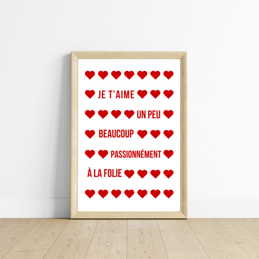 Affiche je t'aime - Affiche couple amour- Cadeau de Saint valentin par Le Temps des Paillettes